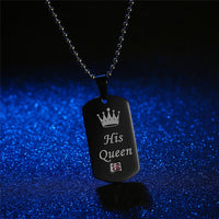 "Her King & His Queen" TITANIUM BLACK Dog-Tag Pendent Couples Necklace