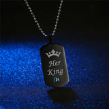"Her King & His Queen" TITANIUM BLACK Dog-Tag Pendent Couples Necklace
