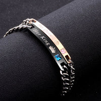 "Her King" & "His Queen" Titanium Crystal Charm Couples Bracelet