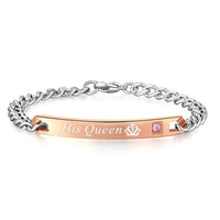 "Her King" & "His Queen" Titanium Crystal Charm Couples Bracelet